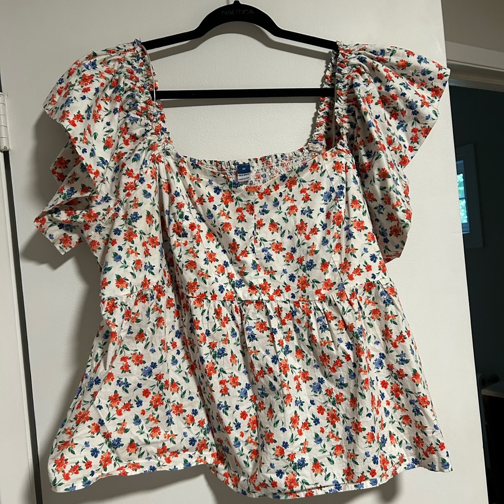 Old Navy Floral Print Puff Sleeve Blouse - Red and Blue